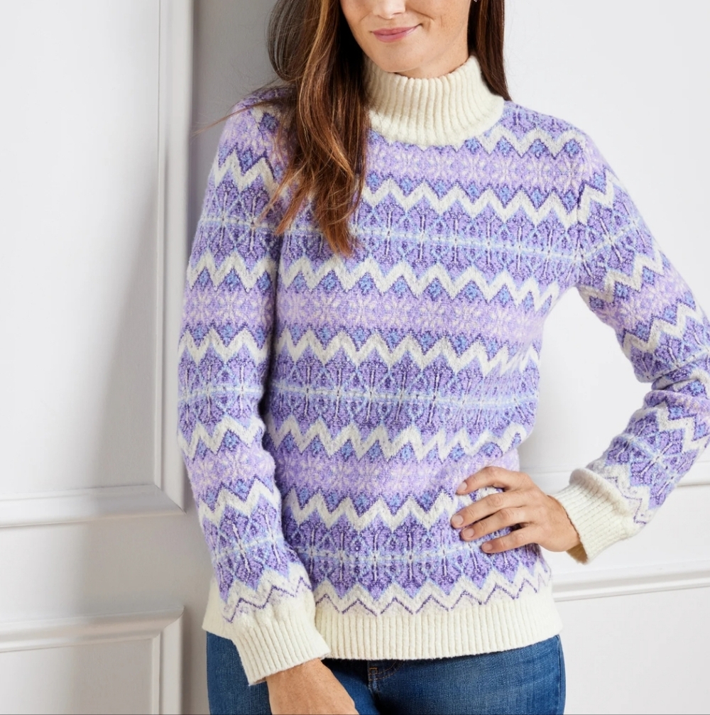 Women's Talbot's Mockneck Sweater - Zigzag Jacquard Small Purple White